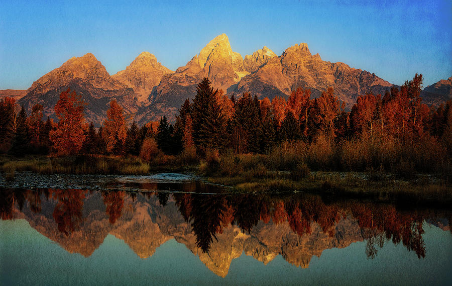 Textured Teton Reflection In Autumn Photograph by Dan Sproul