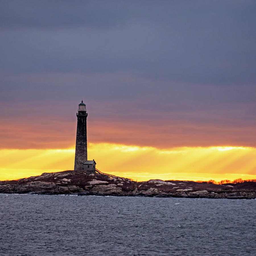 Thacher Island Lighthouse at Sunrise Sunrays Rockport MA Square Photograph by Toby McGuire