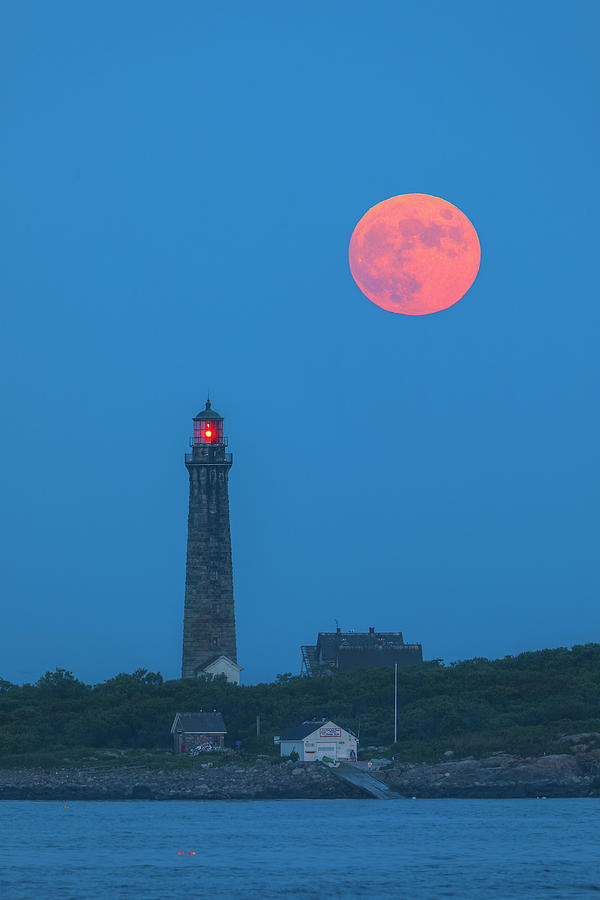 Thacher Island South Tower Lighthouse with Full Buck Moon Photograph by Juergen Roth