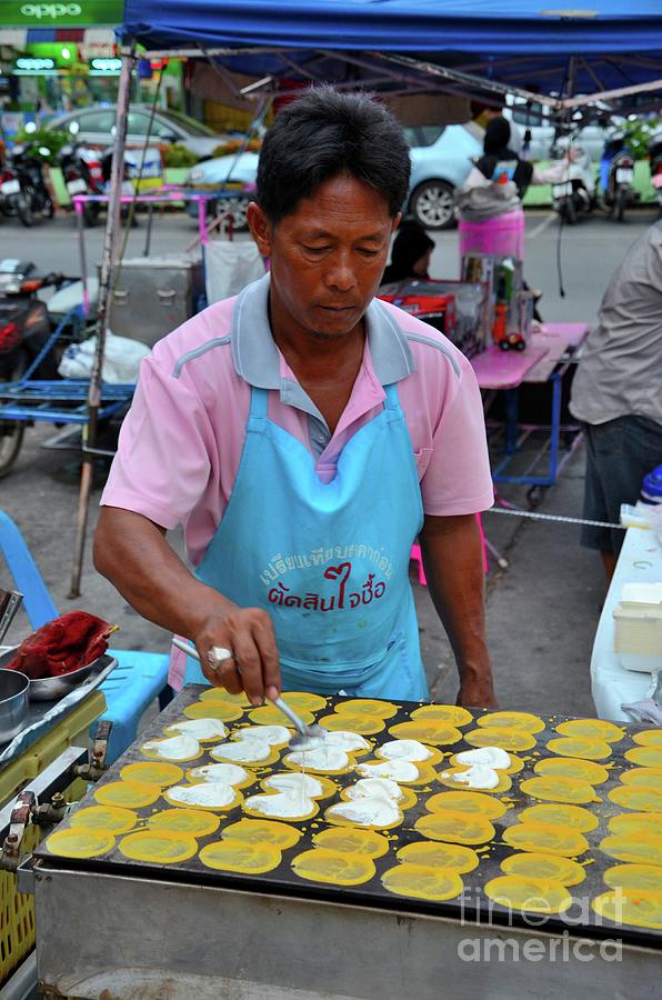 Thai Man Cooks And Prepares Street Food At Market Bazaar Pattani 