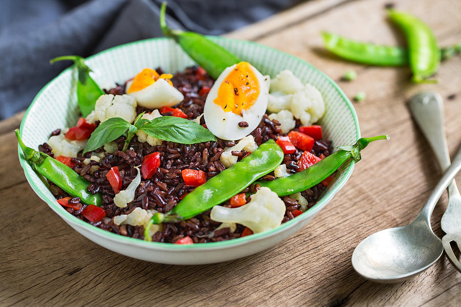 Thai Rice berry with Boiled egg  and Snow pea salad Photograph by Vanillaechoes