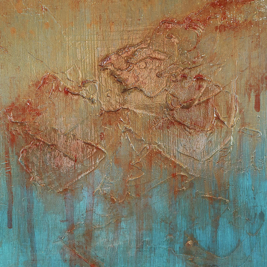 THAI SILK Drip Abstract In Metallic Gold Cinnabar Red Aqua Blue Painting by Lynnie Lang