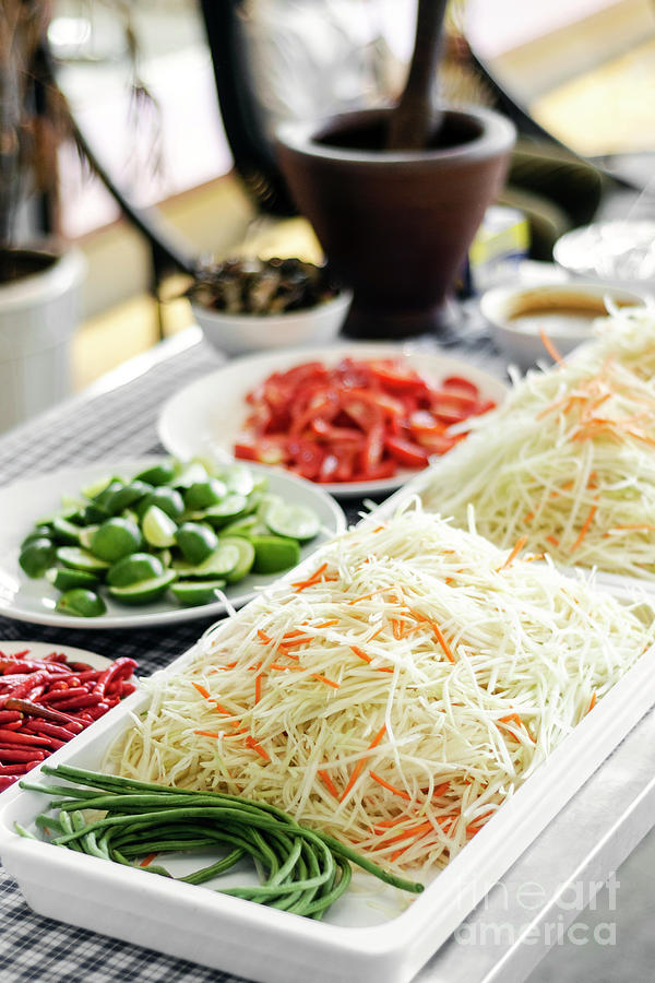Thai Som Tam Papaya Salad Ingredients At Catering Buffet Table Photograph