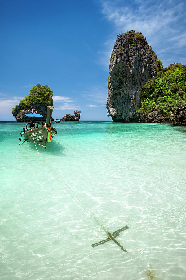 Thailand - long tail boat at Lana Bay on Koh Phi Phi Don Island Photograph by Olivier Parent