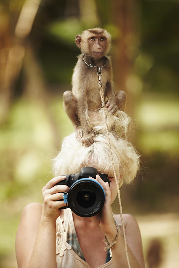 Thailand, Portrait of female photographer with macaque monkey sitting atop her head Photograph by Yuri Arcurs