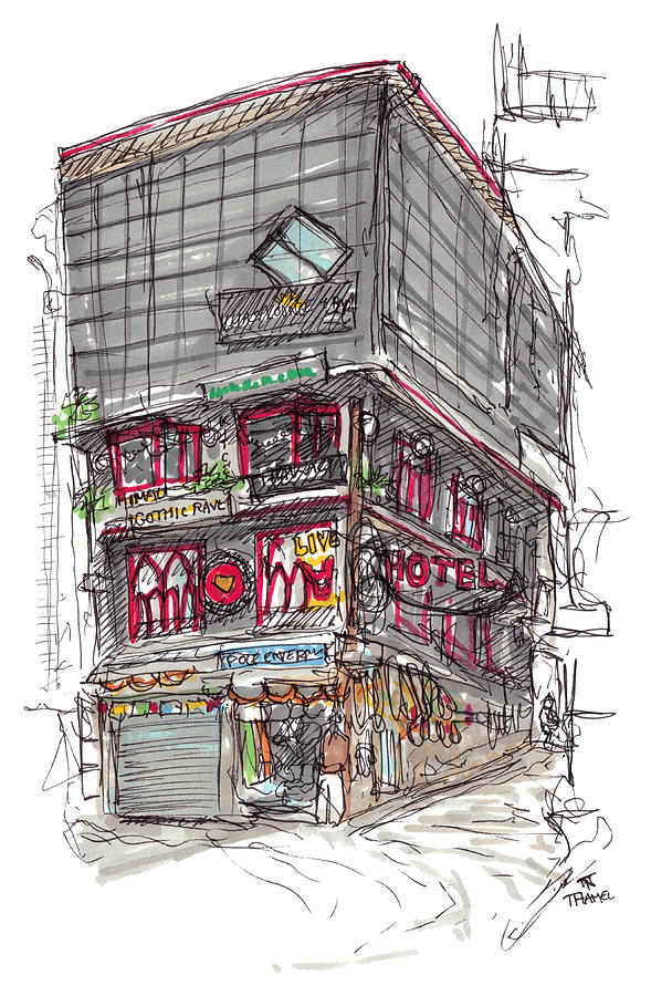 Thamel Street - Kathmandu Drawing by Tom Napper