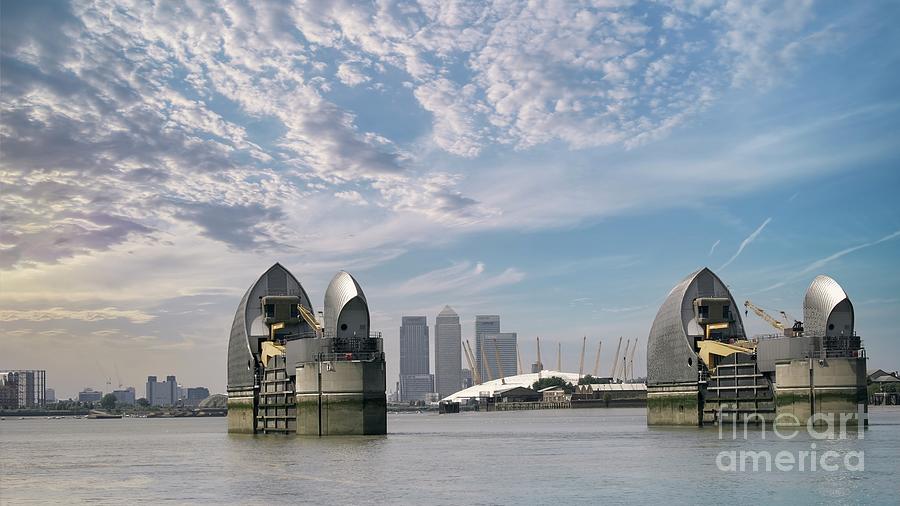 Thames Barrier, and O2 Arena And Canary Wharf, London, UK Photograph by Philip Preston