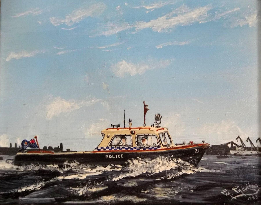 Thames Division Single Screw Police Duty Boat 1970s Painting by Mackenzie Moulton