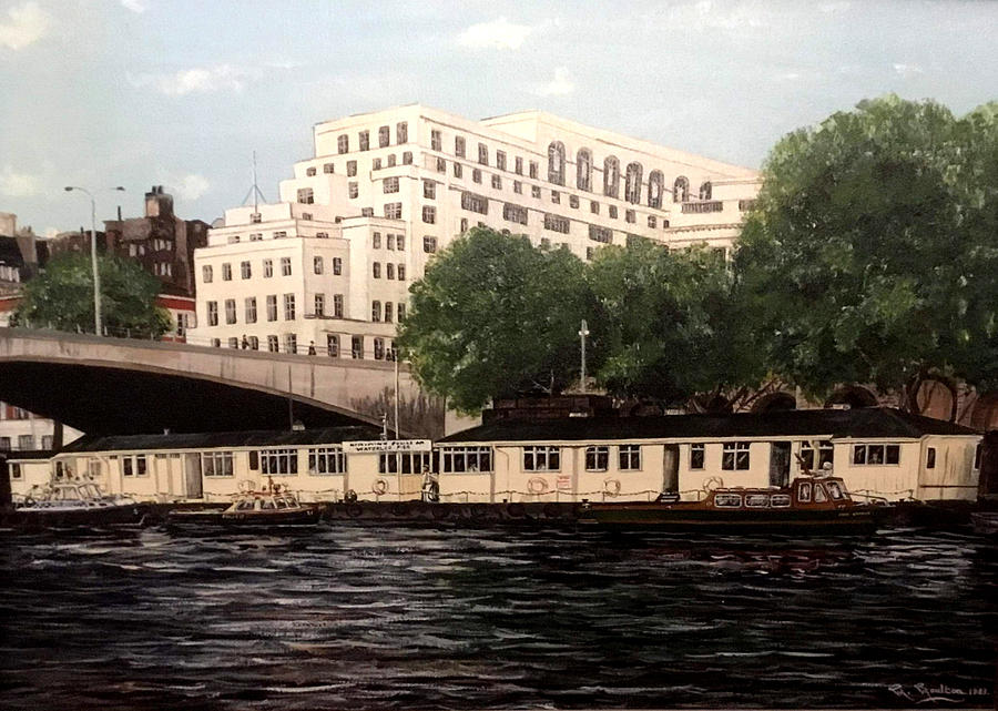 Thames Police Floating Police Station At Waterloo Bridge, London Painting by Mackenzie Moulton