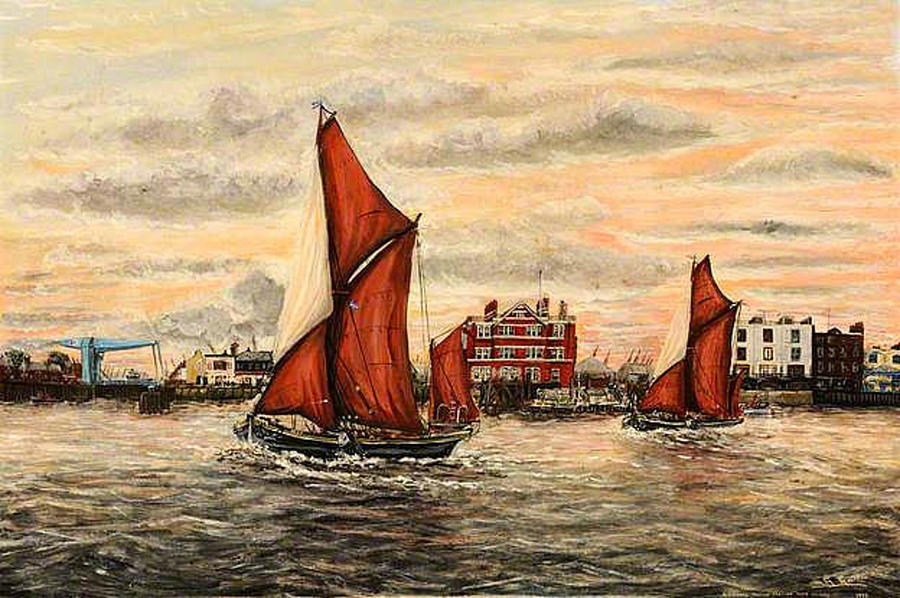 Thames Sailing Barges Passing Blackwall Thames Police Station. Painting by Mackenzie Moulton