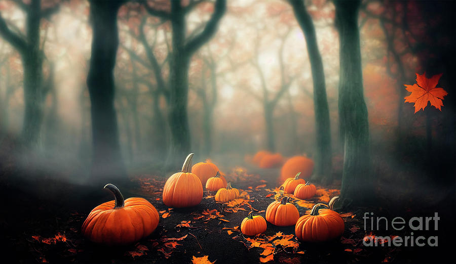 Thanksgiving and halloween pumpkins in autumn forest. Fall seaso Photograph by Jelena Jovanovic