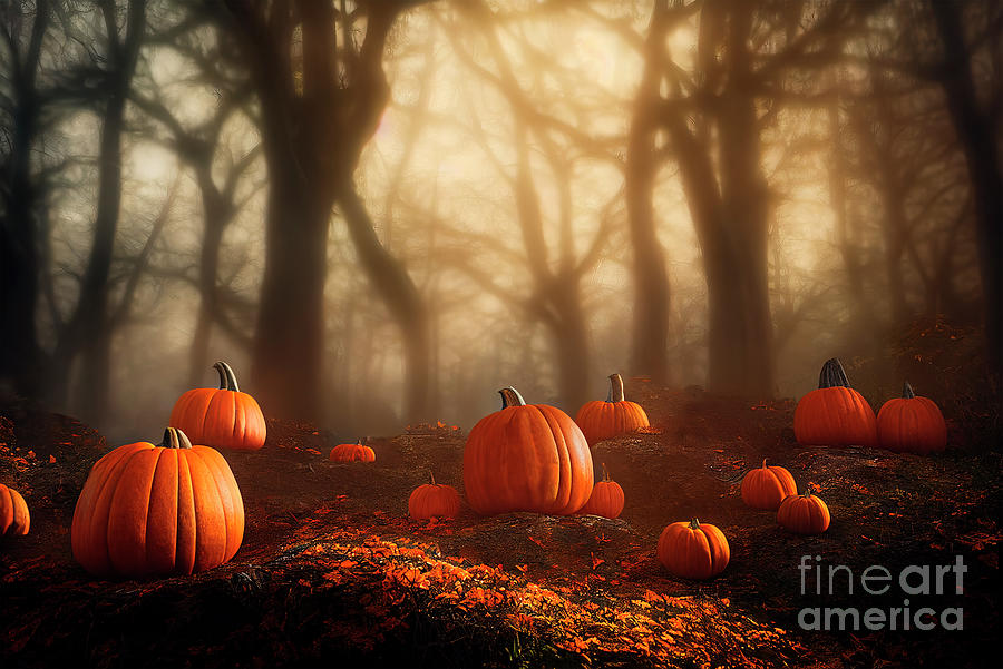 Thanksgiving and halloween pumpkins in dark forest Photograph by Jelena Jovanovic