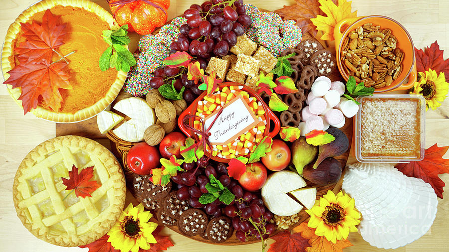 Thanksgiving cheese and dessert grazing platter charcuterie board. Photograph by Milleflore Images