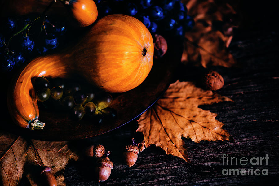 Thanksgiving Composition With Autumn Leaves And Pumpkin Photograph