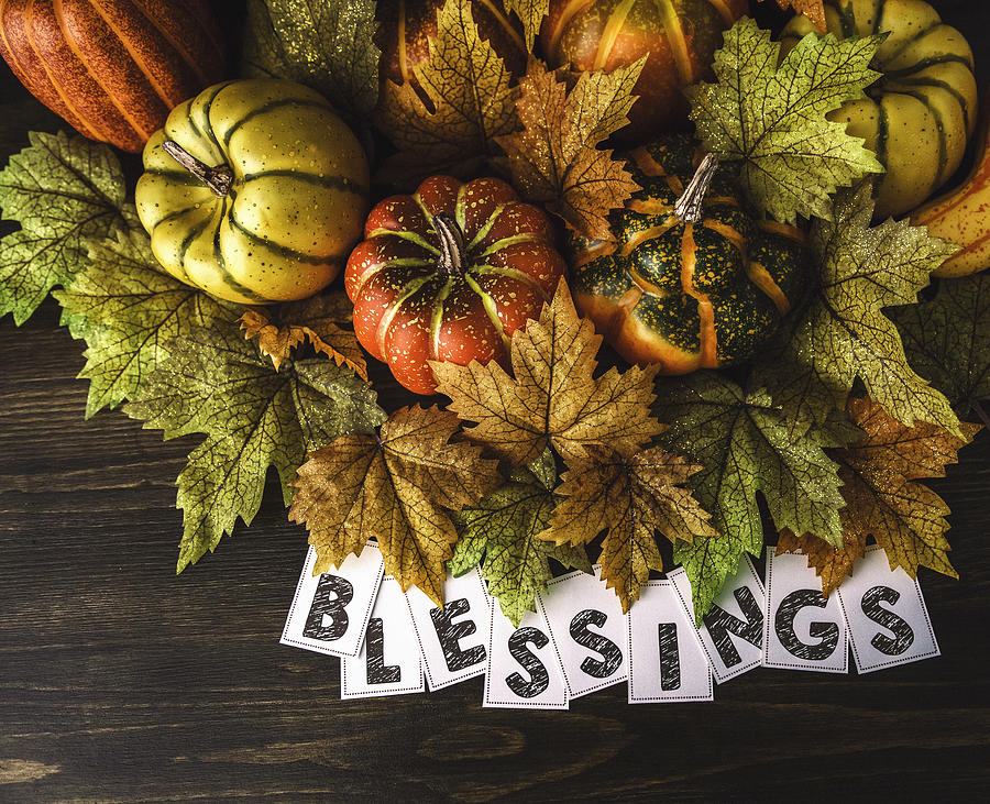 Thanksgiving fall arrangement with pumpkins, leaves and blessings message Photograph by CatLane