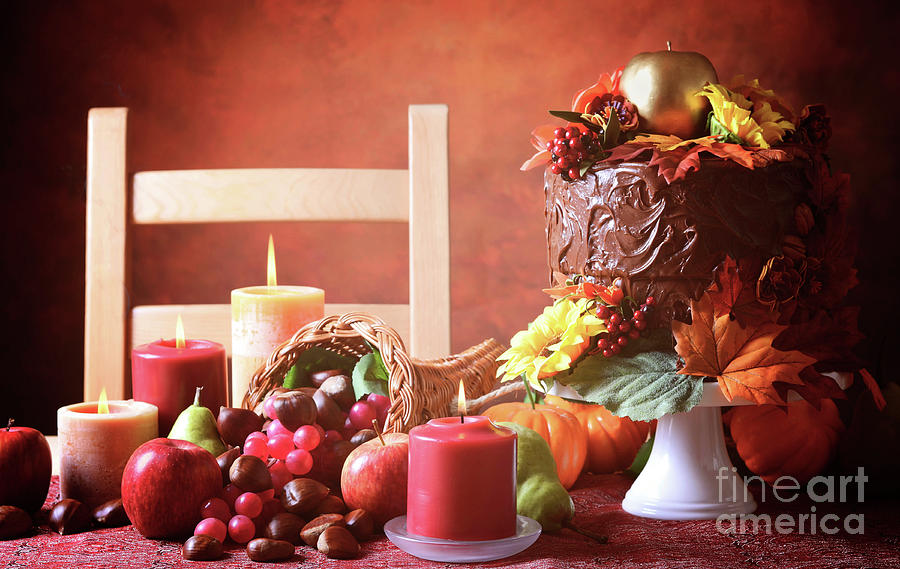 Thanksgiving Fall table setting with Autumn theme chocolate cake Photograph by Milleflore Images
