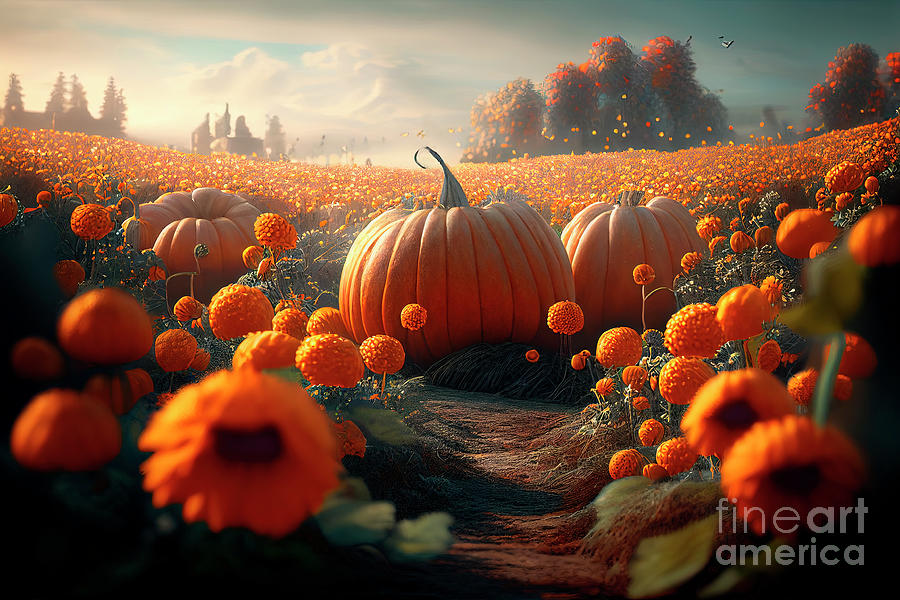 Pumpkin Digital Art - Thanksgiving pumpkins in countryside field with sunflowers. Fant by Jelena Jovanovic
