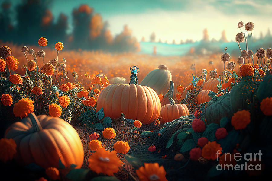 Pumpkin Digital Art - Thanksgiving pumpkins in countryside flower field. Fantasy lands by Jelena Jovanovic