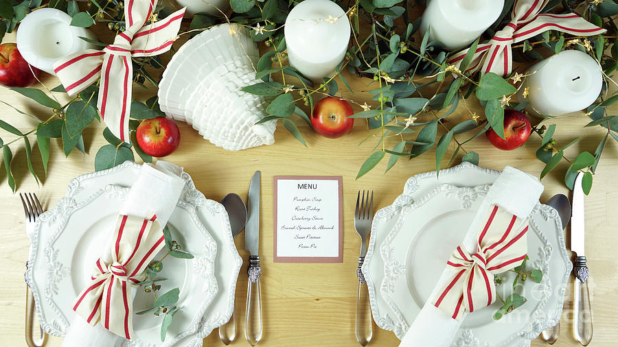 Thanksgiving setting modern elegant red and white table overhead flat lay. Photograph by Milleflore Images