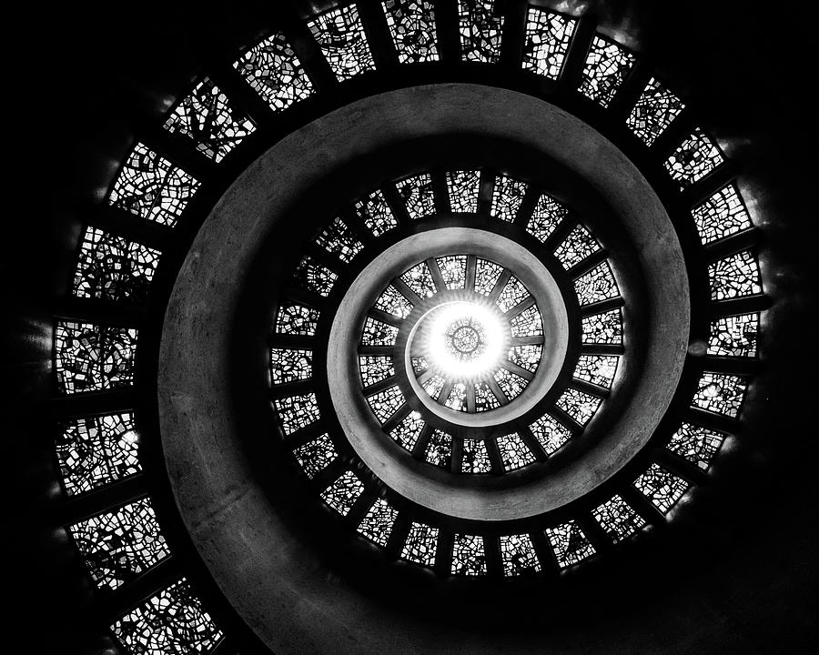 Black And White Photograph - Thanksgiving Square Chapel Glory Window Light in Black and White by Gregory Ballos