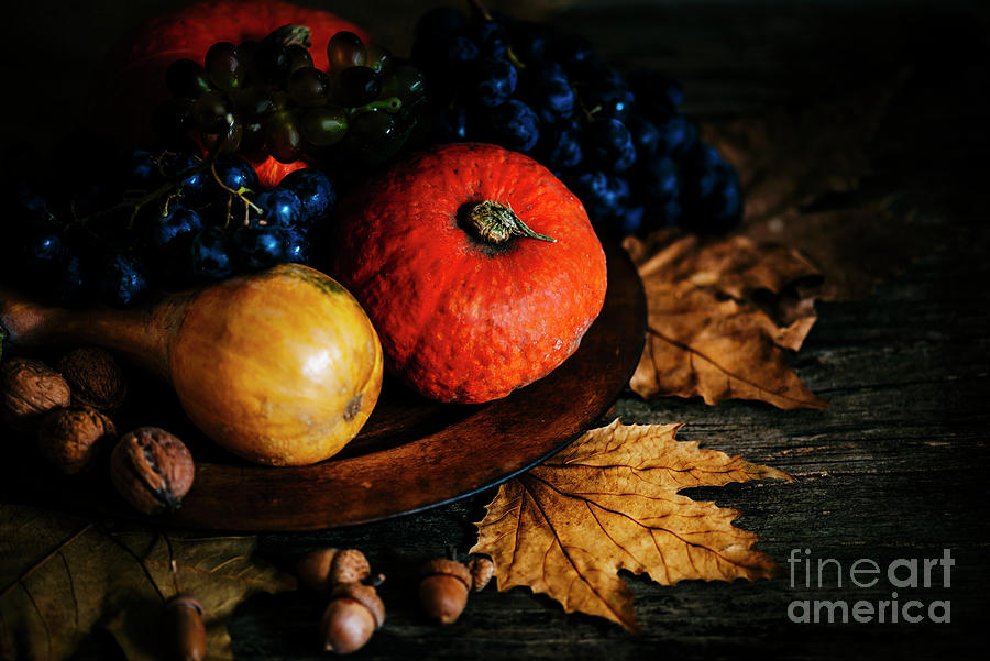Thanksgiving Still Life With Autumn Fruit In Wooden Plate. Photograph