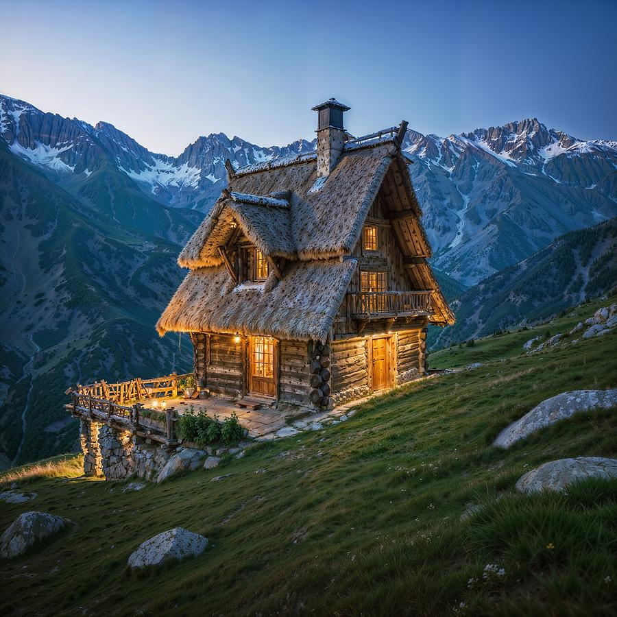 Mountain Digital Art - Thatched wooden house by Black Papaver