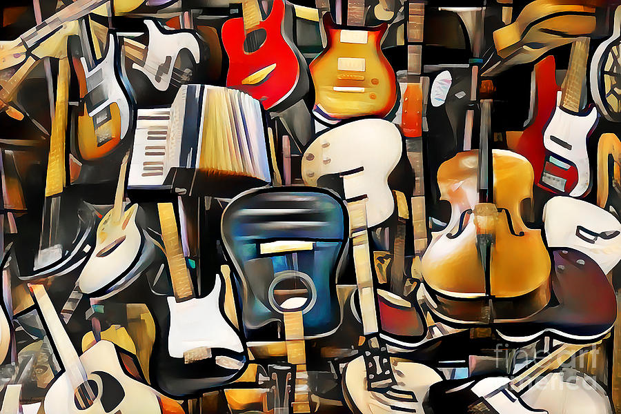 The Accordion in a Pile of Guitars in Vibrant Contemporary Cubism Colors 20200726 Photograph by Wingsdomain Art and Photography