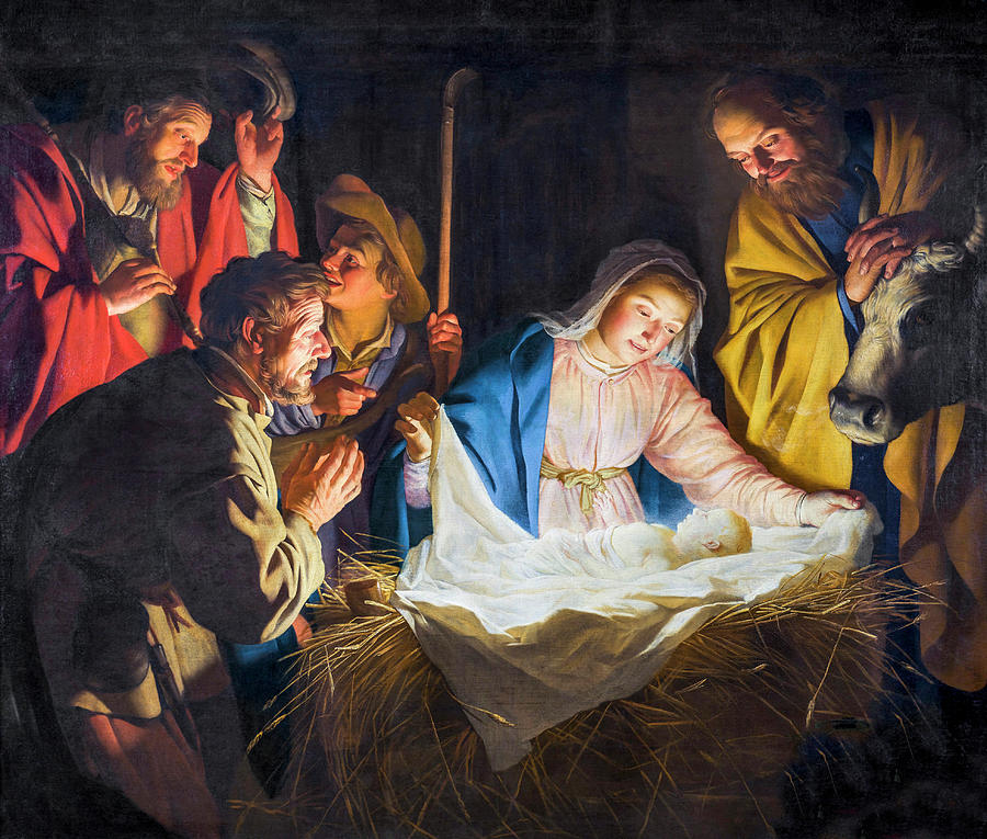 Vintage Painting - The Adoration of The Shepherds by Gerard van Honthorst 1622 by Gerard van Honthorst