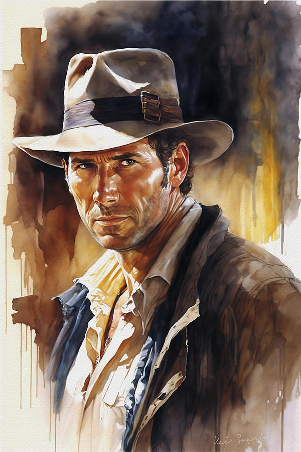 The Adventurers Heart - A Watercolor Portrait of Indiana Jones Painting by Kai Saarto