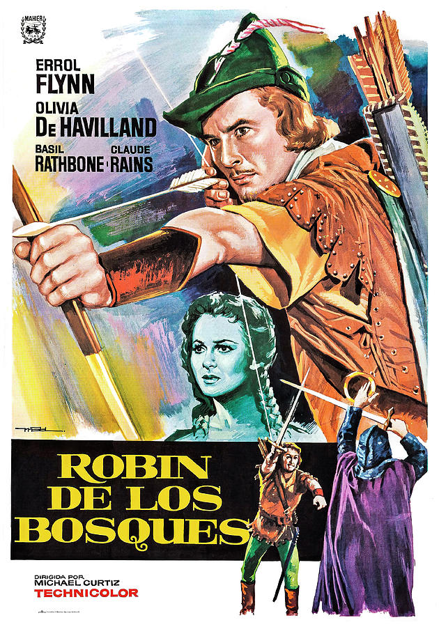 Errol Flynn Mixed Media - The Adventures of Robin Hood, 1938 -  art by Macario Quibus by Movie World Posters