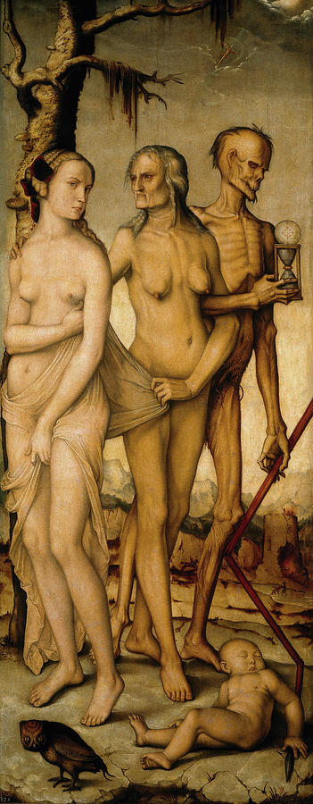 Hans Baldung Grien Painting - The Ages of Man and Death, 1541-1544, German School, Oil on panel, 151 cm x 61 cm. by Hans Baldung Grien -1484-1545-