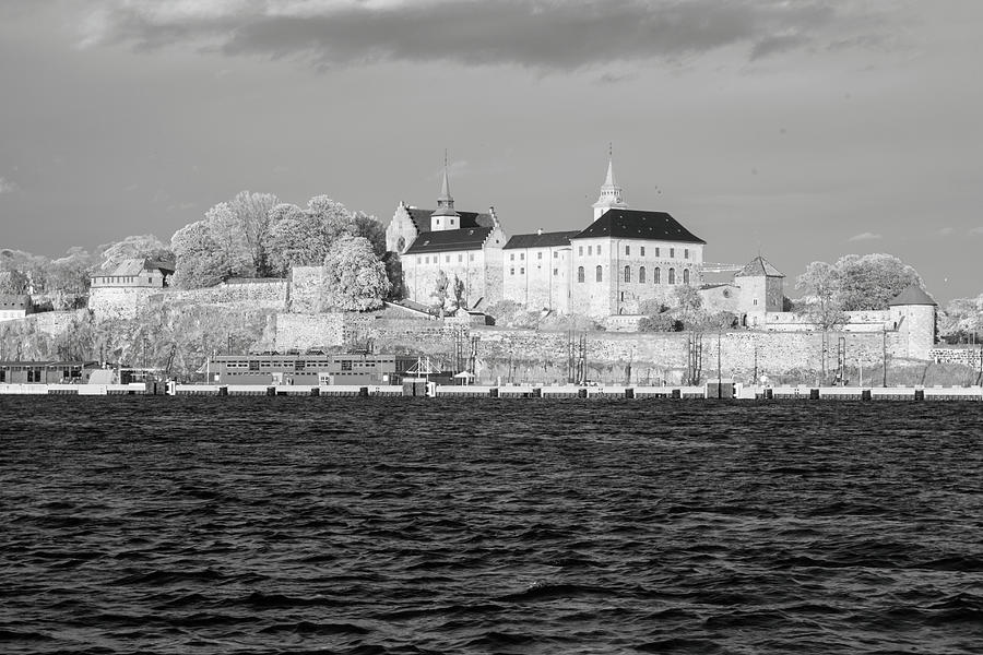 The Akershus castle in Oslo from the sea in infrared black and white Photograph by Maria Dimitrova
