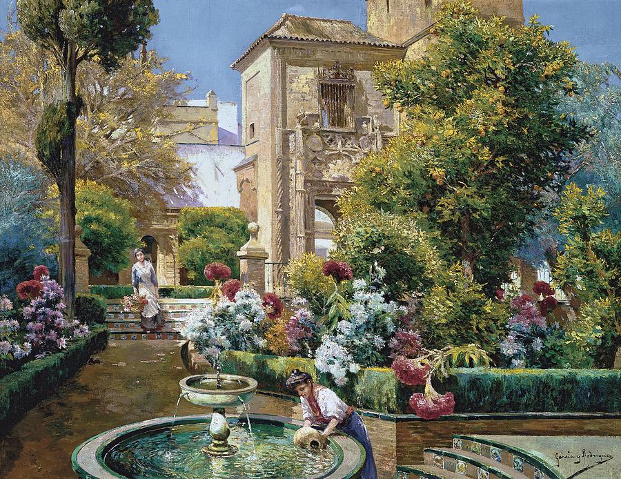 The Alcazar Gardens, Seville Painting by Manuel Garcia y Rodriguez - Pixels