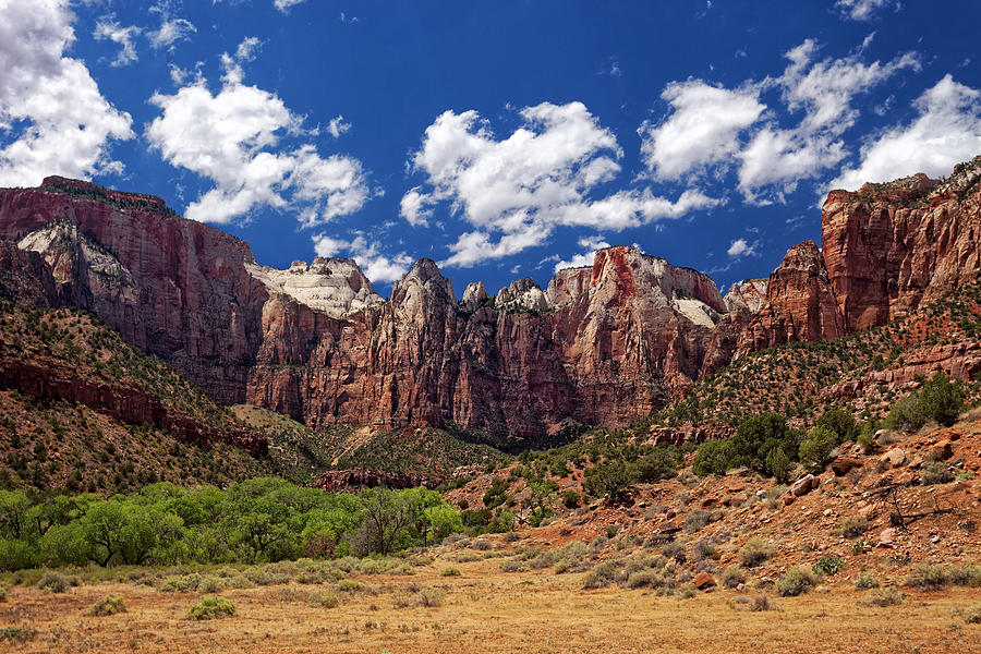 The Alter of Sacrifice mountain, just to right of centre, in Zion National Park Photograph by Mark Meredith