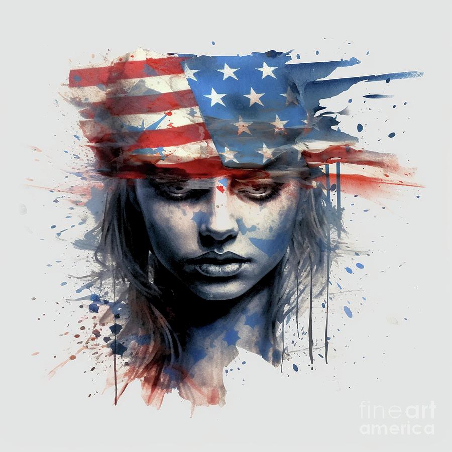 The American flag, painted with watercolor art, on a white background ...