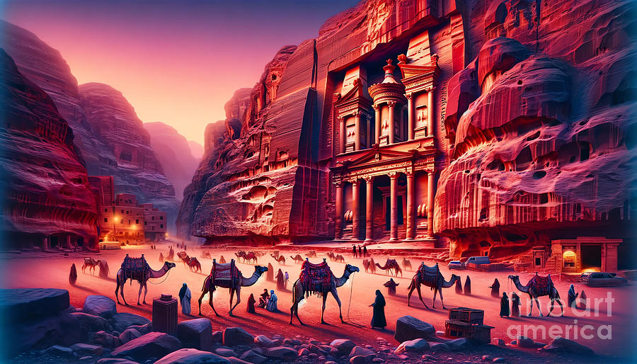 Camel Painting - The ancient city of Petra, with camels and traders at twilight. by Jeff Creation