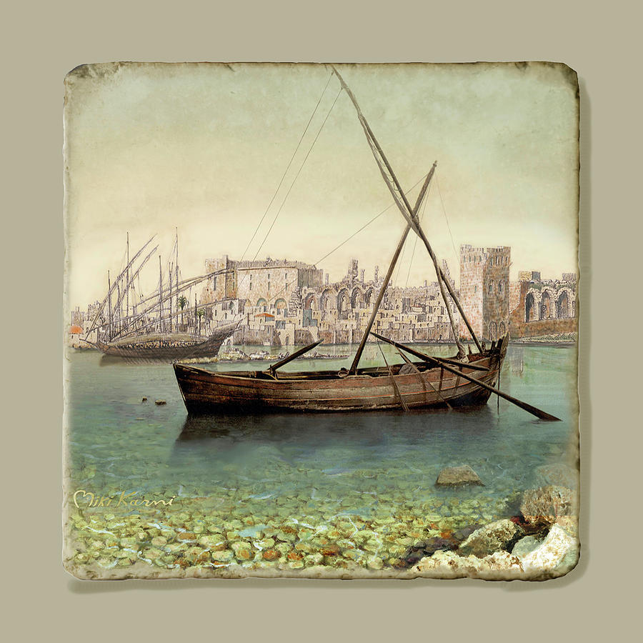 The ancient harbor of the Holy Land, by Miki Karni Painting by Miki Karni