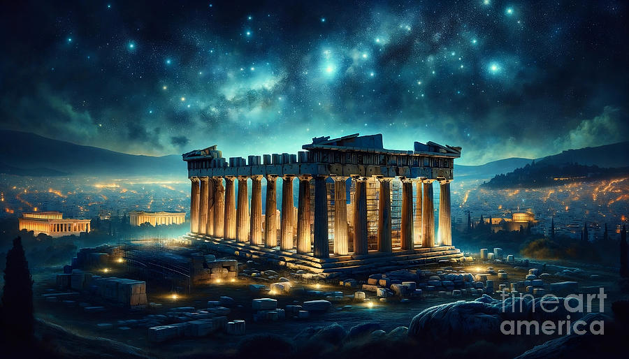Greek Painting - The ancient ruins of the Parthenon on a starry night, with the glow of Athens in the background. by Jeff Creation