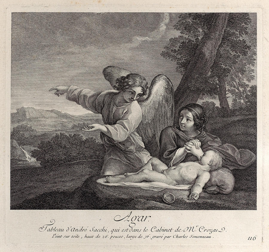 The angel appearing to Hagar in the wilderness as she folds her hands next to the sleeping Ishmael Drawing by Charles Simonneau