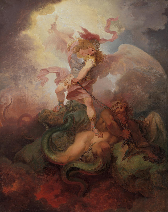 The Angel Binding Satan, circa 1797 Painting by Philip James de Loutherbourg