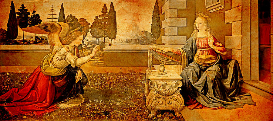 The Annunciation by Leonardo da Vinci blended on old paper Digital Art by Nicko Prints
