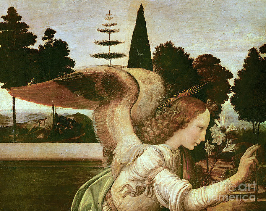 Leonardo Da Vinci Painting - The Annunciation, detail of the angel by Leonardo Da Vinci