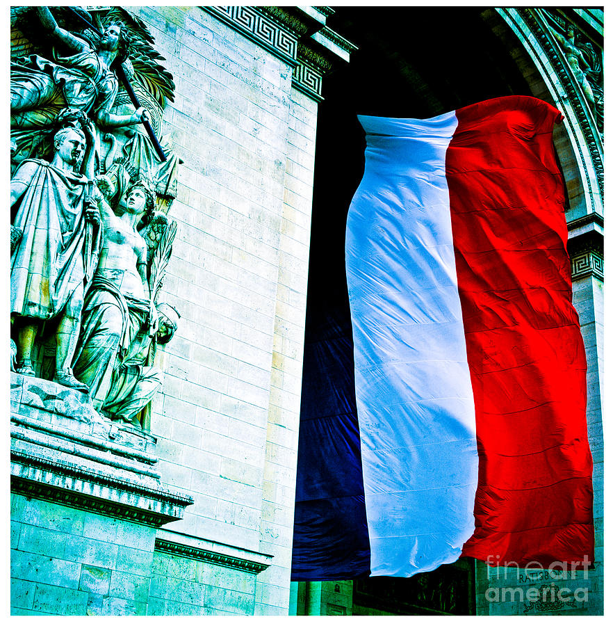The Arc de Triomphe with French colours.  Photograph by Cyril Jayant