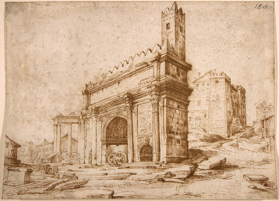 The Arch of Septimius Severus Seen from the East Drawing by Jan Brueghel the Elder
