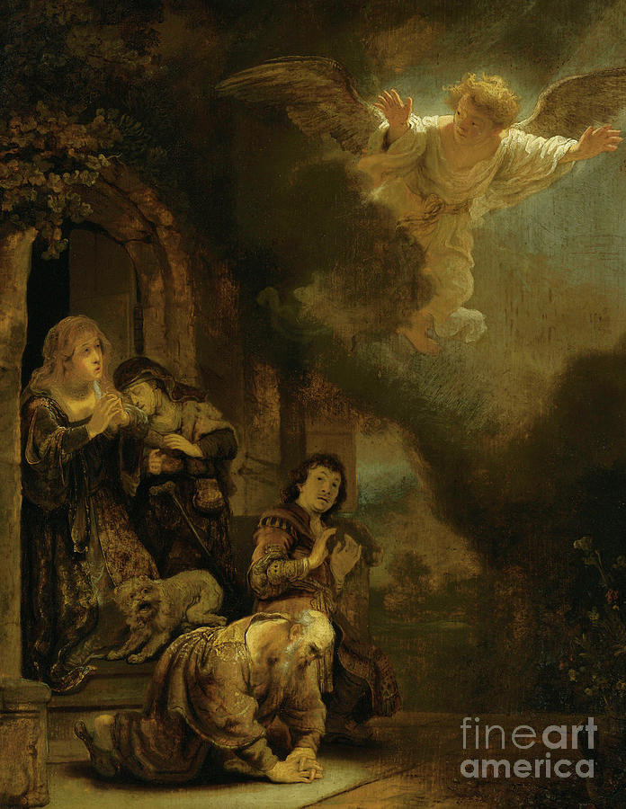 The Archangel Raphael taking leave of Tobit and his family Painting by Rembrandt