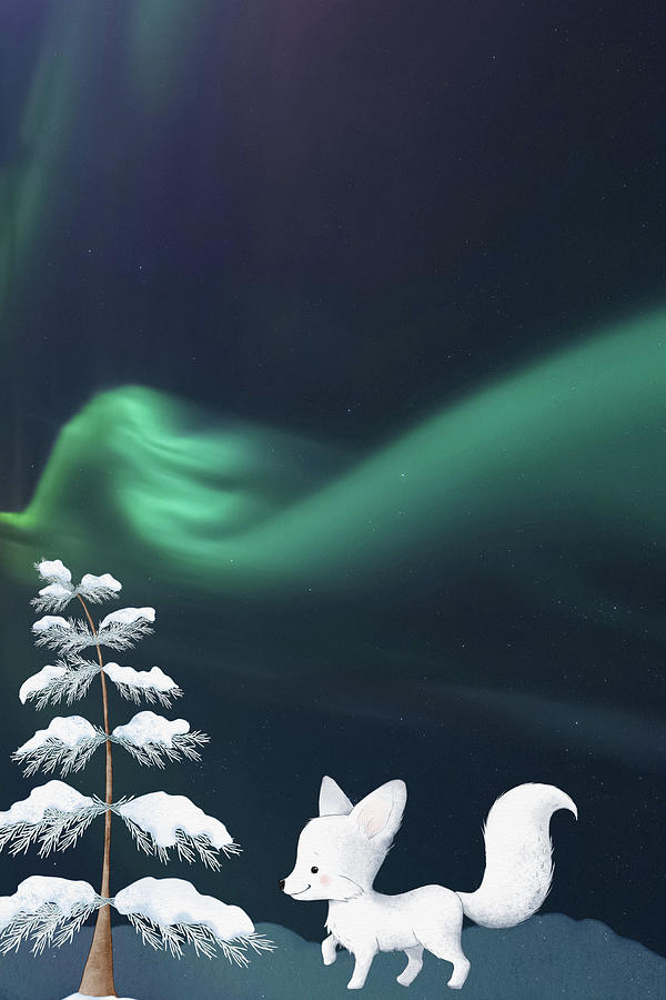 The Arctic Fox Loves The Northern Lights Mixed Media by Johanna Hurmerinta