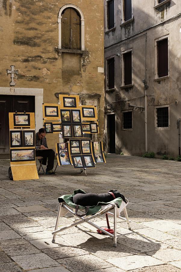 The Artist And His Dog, Venice, Italy Photograph by Sarah Howard