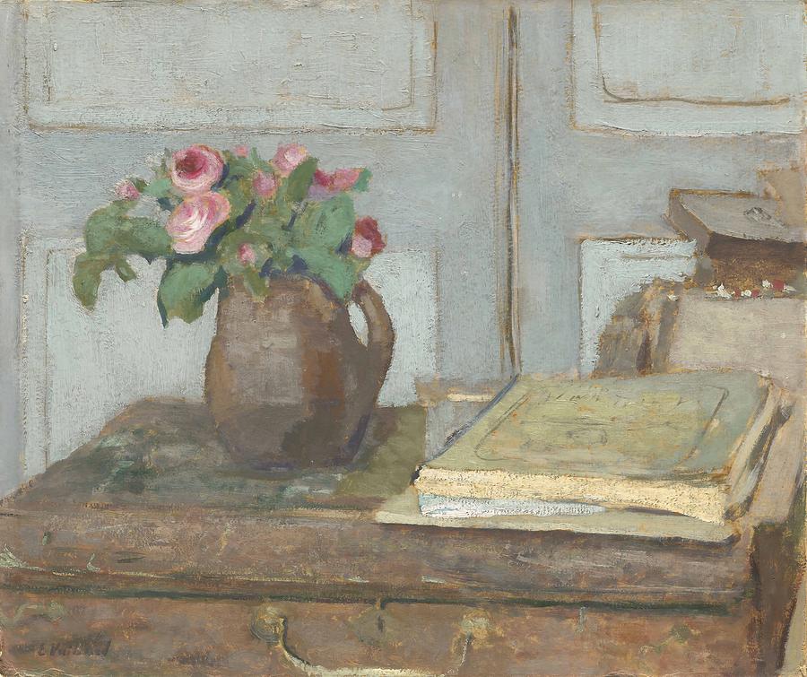 Edouard Vuillard Painting - The Artist s Paint Box and Moss Roses  by Edouard Vuillard