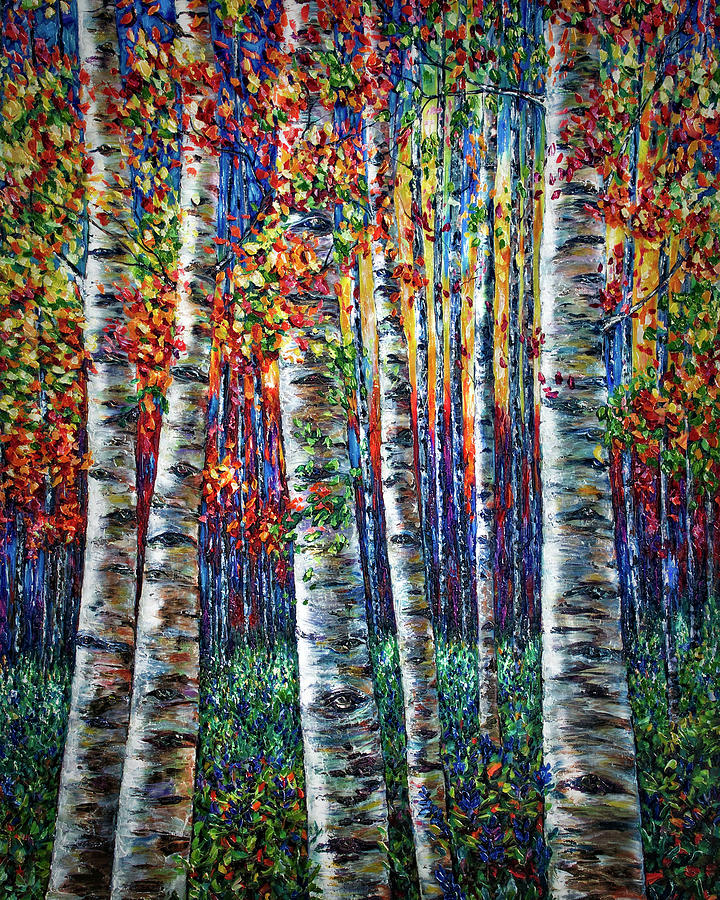 Autumn Birch Symphony -  impressionistic Palette Knife Painting by Lena Owens - OLena Art Vibrant Palette Knife and Graphic Design