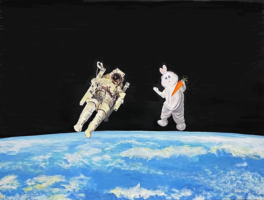 The Astronaut and The Easter Bunny - A Space Odyssey Painting by Thomas Blood